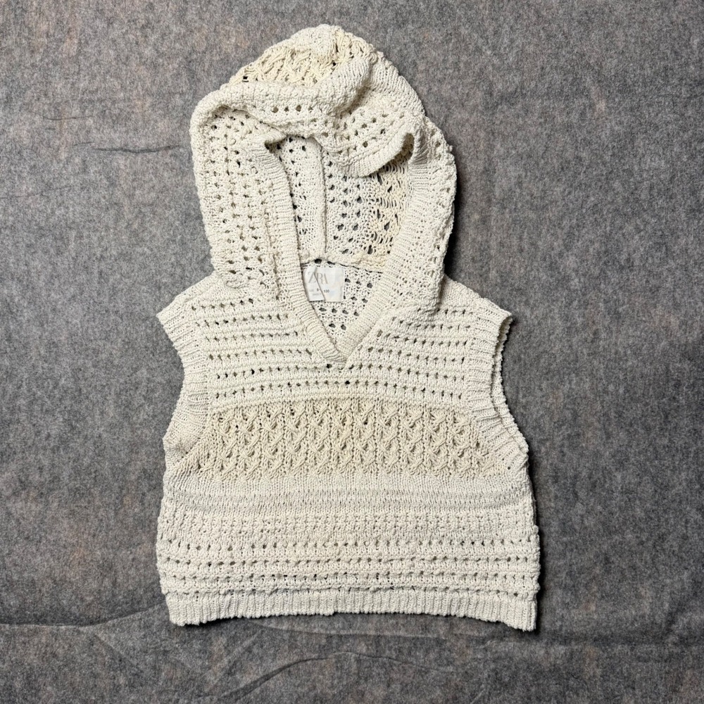 Zara Kids Girls Cream Crochet Knit Hooded Sweater Vest 8-9 130 Boho Sleeveless